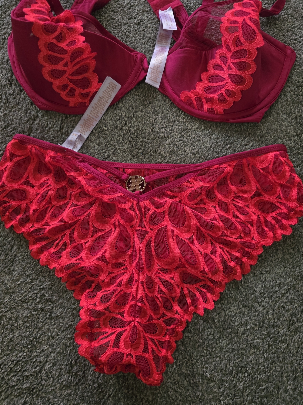 Savage X Fenty Hot Pink & Fuchsia Lace Bra and High-Waist Brief Set - Picture 2 of 2